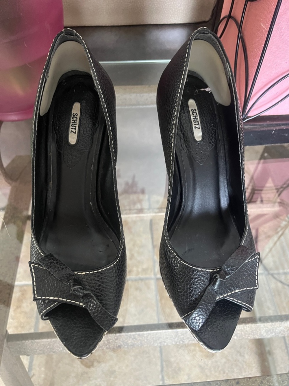 SCHUTZ Black Peep-Toe Bow Leather Pumps